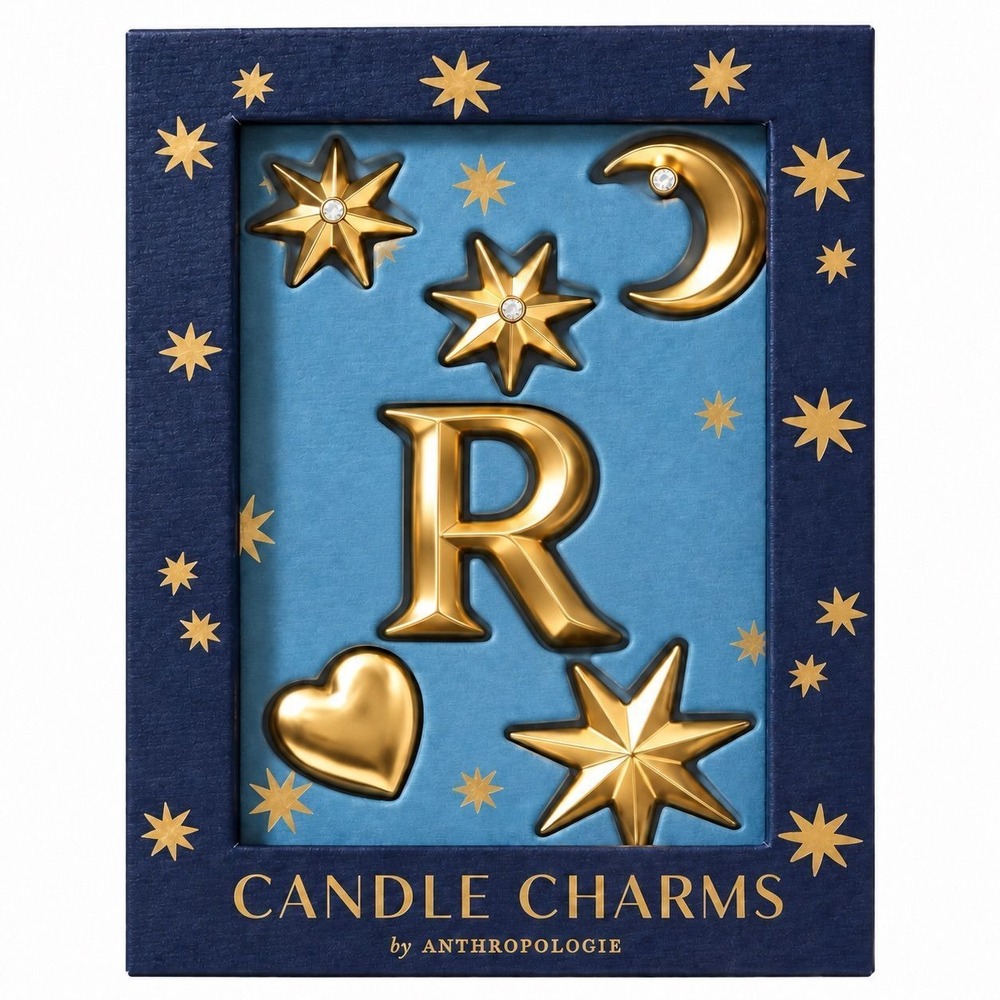 Anthropologie R Monogram Celestial Candle Charms Gold Moon Star Heart NWT